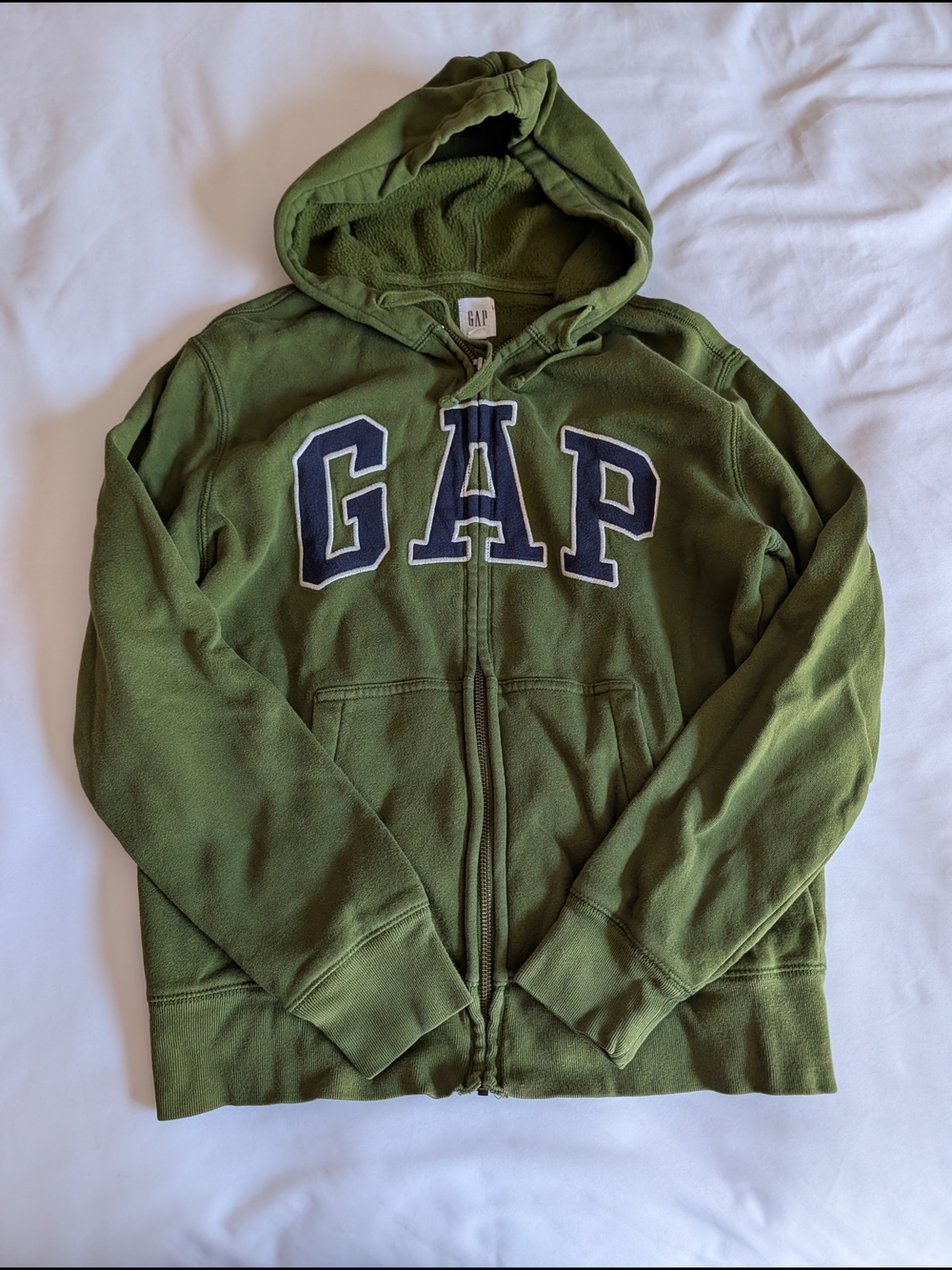 GAP Olive Green Zip-Up Hoodie with Navy Lettering